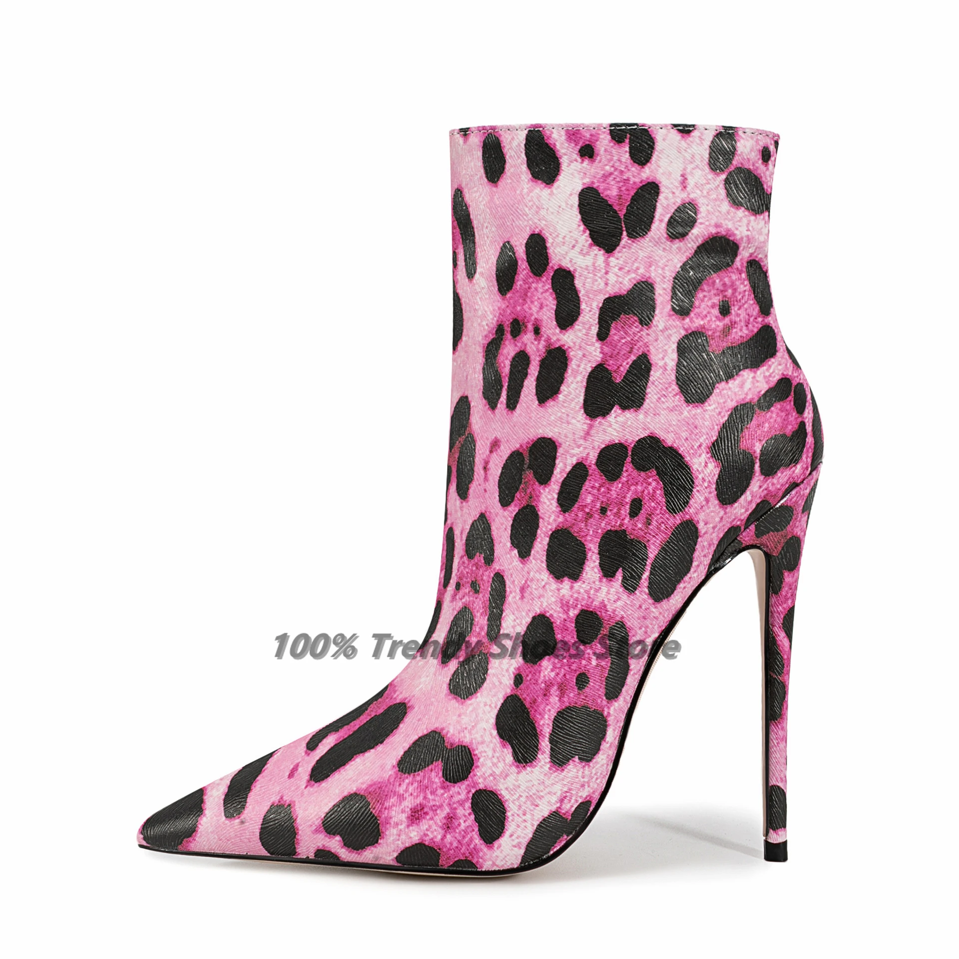 Leopard Print Side Zipper Pointed High-heeled Short Boots For European and American Foreign Trade Fashion Models Nude Boots