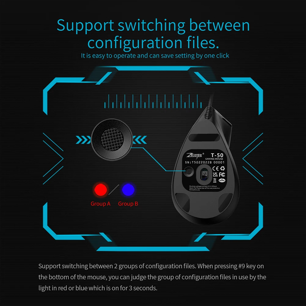 ZELOTES T-50 USB Wired Vertical Optical Mouse 9 Buttons Gaming USB Wired Mice 12800 DPI Adjustable for PC Computer Accessories