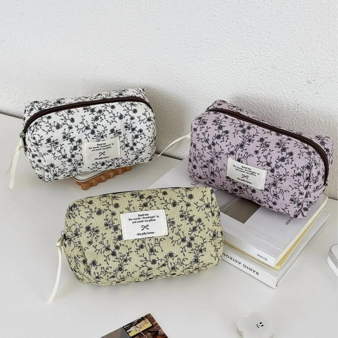 Striped corduroy rose octagonal bag for fresh floral student portable stationery storage bag for teenage girls makeup bag