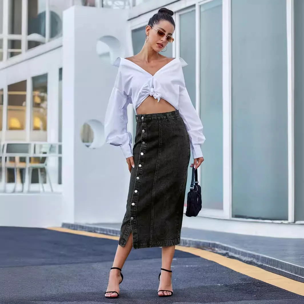 Casual High Quality Maxi Denim Skirts For Women Summer 2024 Fashion Black Jeans Dress Long Y2k Skirt Denim