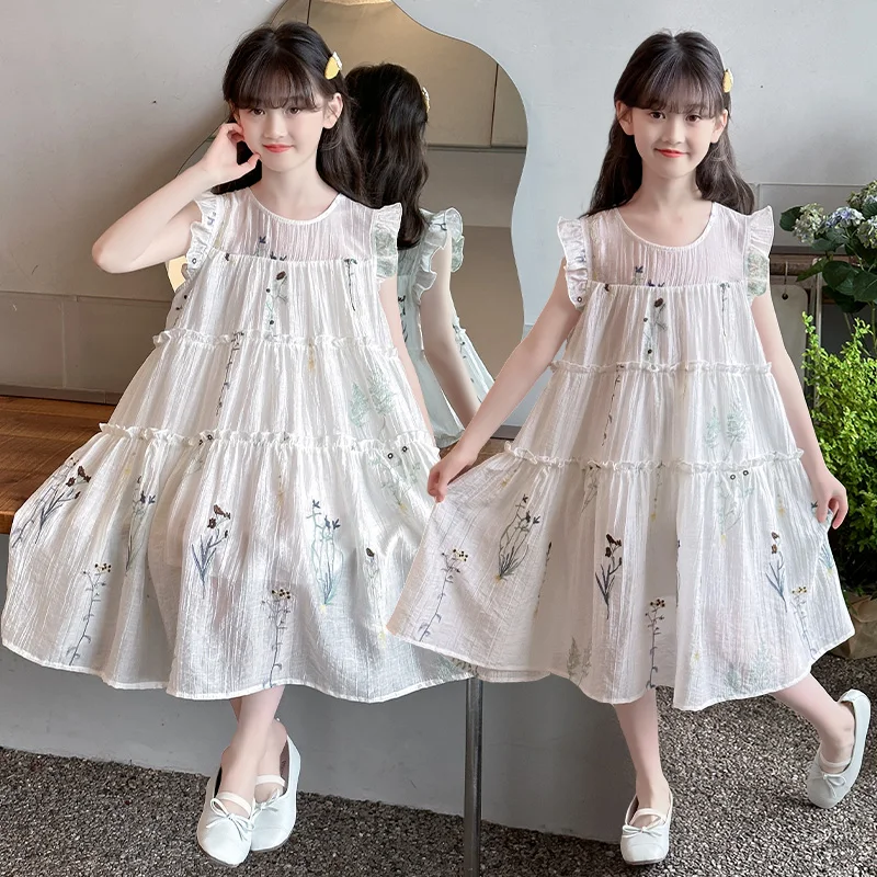 

Girls Summer Dress Children Flower Print Sleeveless Princess Dress Kids Sweet Casual Outing Knee-Length Dress Everyday Wear