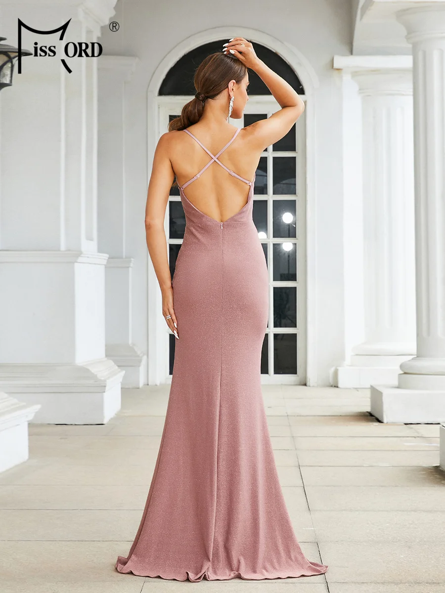 Missord Glitter Pink Long Party Dress Women Elegant Spaghetti Strap Ruched Thigh Split Evening Prom Dresses Backless Gown