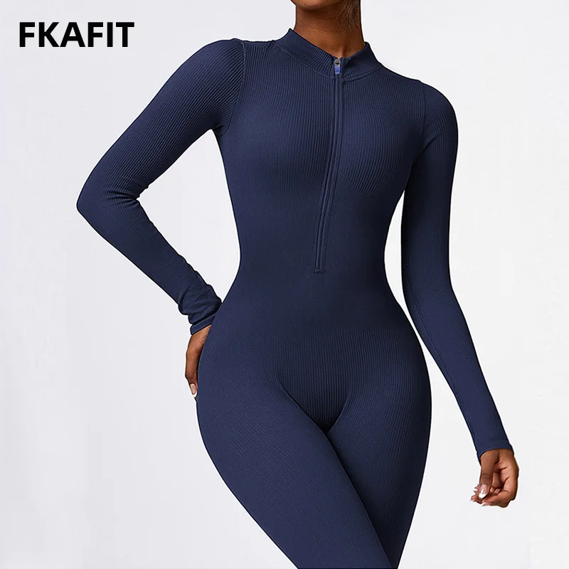 Women's Tracksuit Zipper Front Sports Jumpsuit Long Sleeved One Piece Fitness Workout Bodysuit Casual Yoga Suit