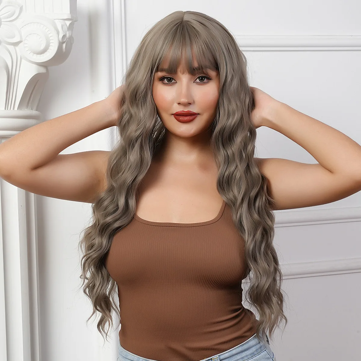 

Natural Fashion Ladies Synthetic Wig, Straight Bangs Long Waves, Polyester Wig Full Coverage,Outdoors Daily Wear