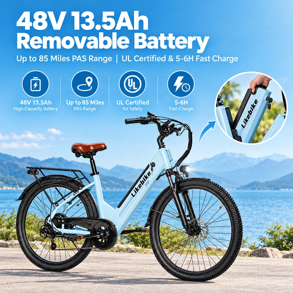 Electric Bike 26" Step-Thru Frame, 1500W Peak Ebike, 48V 13.5Ah UL Certified Battery, 5 Riding Modes, 7-Speed & Dual Disc Brakes, All-Terrain Electric Bicycle with Rear Rack image 4