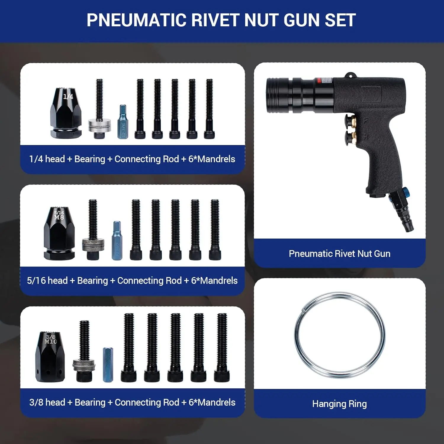 Rivet Nut Tool Kit, Pneumatic Rivnut Gun with 1/4'', 5/16'' & 3/8'' Mandrels