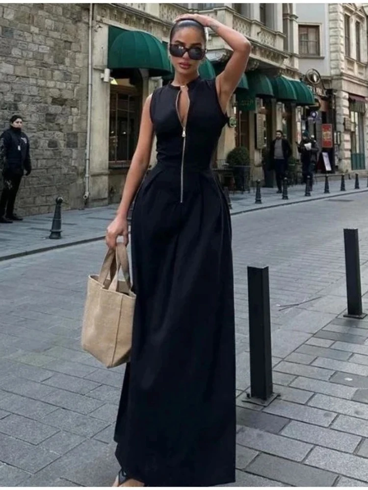 Y2K Abito estivo maxi aderente da donna con zip frontale e vita smockata, abito formale senza maniche, pezzo di dichiarazione che gira la testa