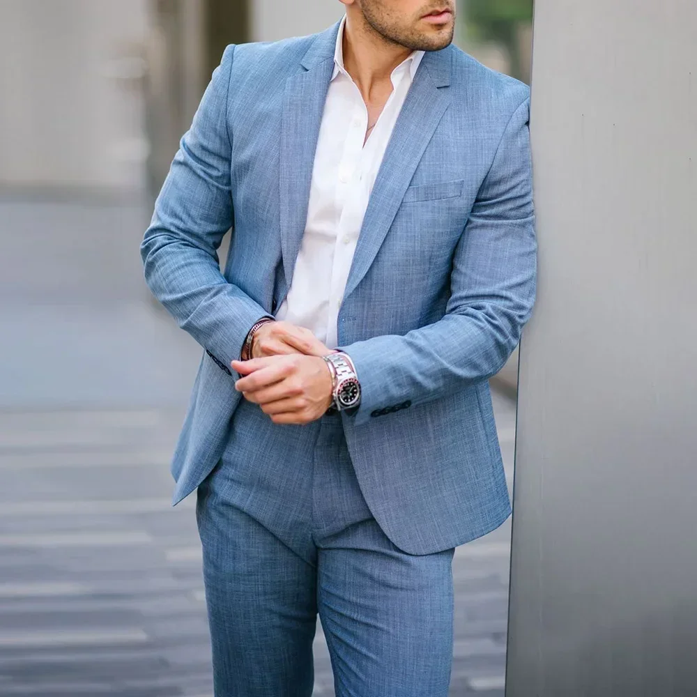 Blue Linen Mens Suits Elegant High Quality Slim Fit Blazer Hombre Summer Business Smart Casual Custom 2 Piece Set Costume Homme