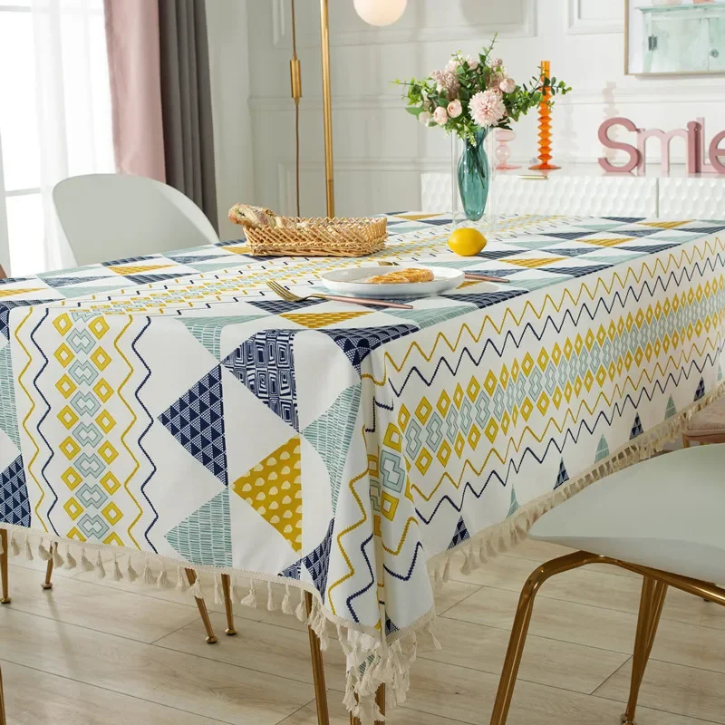 

B4014-4541Geometric Triangle Pattern Waterproof Tassel Dining Table Cloth Home Tea Table Desk Tablecloth