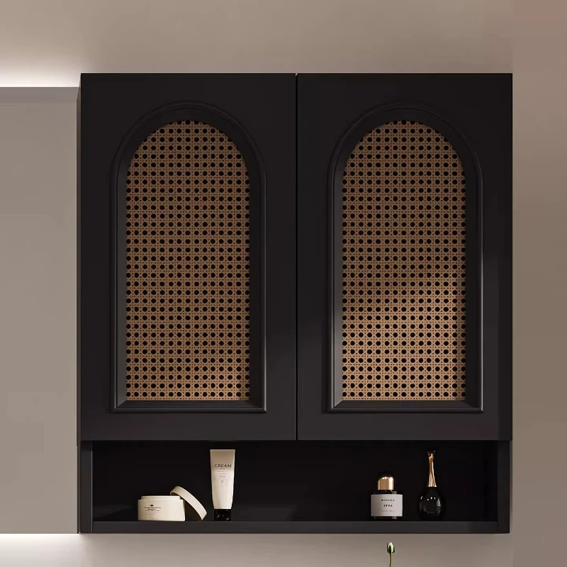 The storage cabinet above the toilet has a back plate. The bathroom locker is made of rattan. bathroom locker is walnut