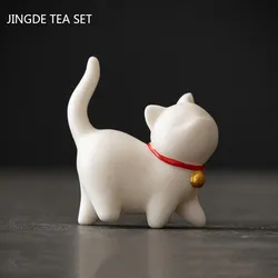 Creativity Handmade Ceramics Tea Pet Ornaments Cute Small Cat Statue White Porcelain Tea Figurine Crafts Boutique Tea Decoration