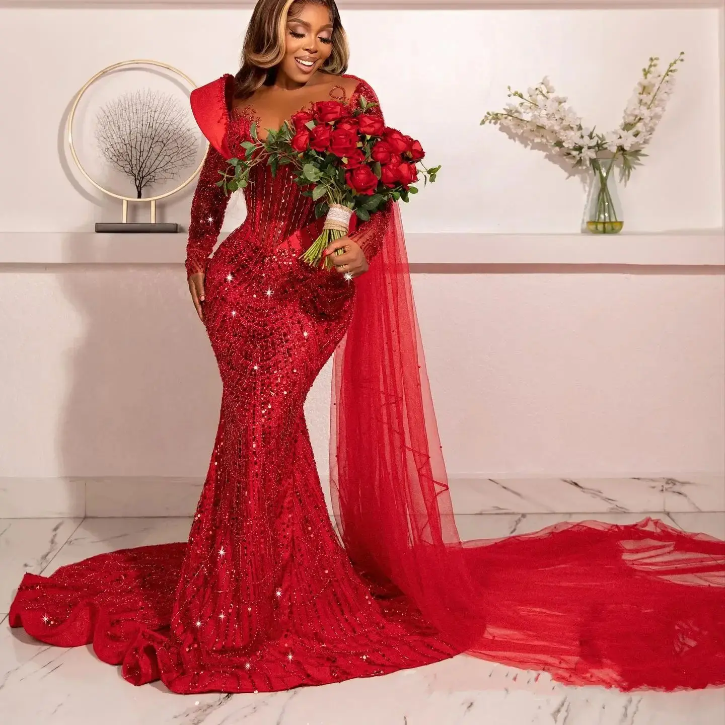 

2025 Customized Red Prom Dress Illusion Beaded Sequined Party Gown for Special Occasions Second Reception Black Women's Fashion