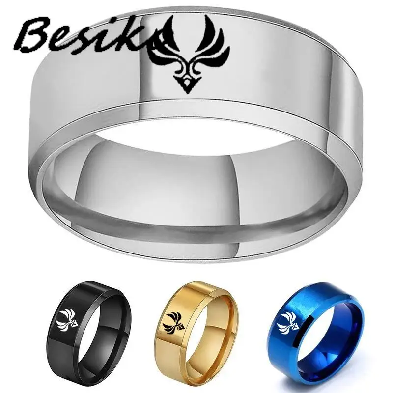 Besiko High Quality 316L Stainless Steel Anime Cosplay Ring Genshin Impact Rings Water Wind Thunder Fire Rock Ice Grass Jewelry