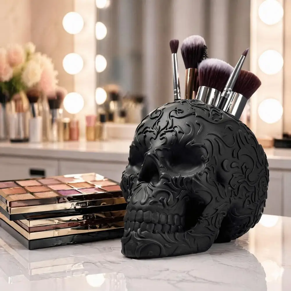 Hollow Skull Container Halloween Skull Makeup Brush Holder Skeleton Pen Organizer Matte Black Resin Storage Figurine for Desk