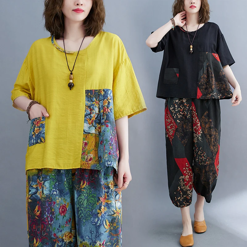 

Новый свободный хлопковый льняной топ, женский комплект больших размеров 200, хлопковые льняные брюки Fat Sister с девятью очками, комплект из двух предметов, антивозрастной