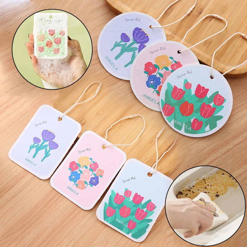 1PC Random Pattern Wood Pulp Cotton Cleaning Tool Sponge Bowl Dish Brush with Rope Cute Flower Sponge Pads Wipe