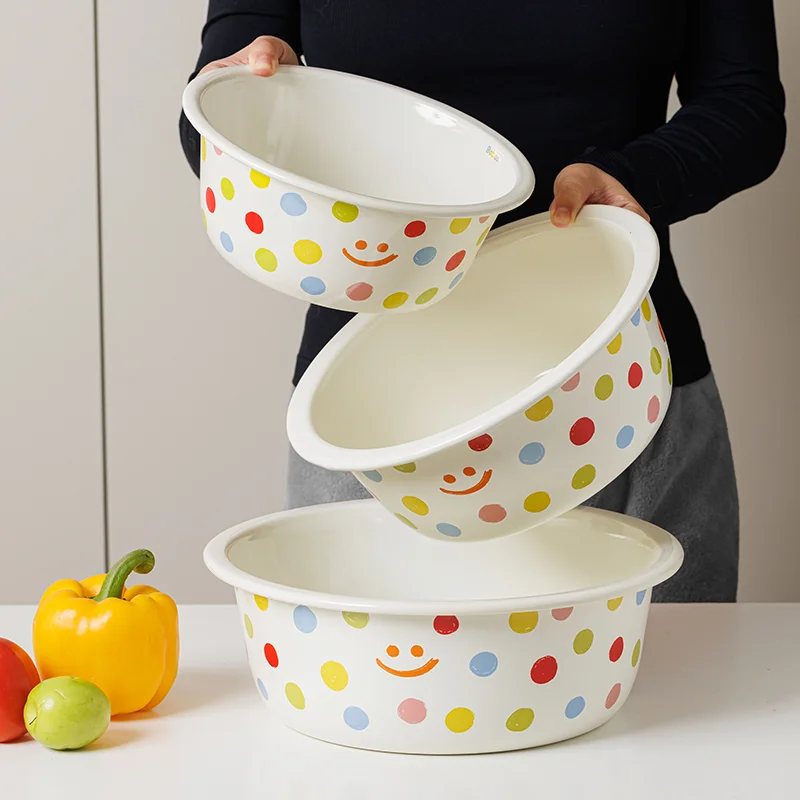 

Enamel Basin Thickened Soup Pot Kitchen Container Cute Smiling Face Wave Dot Tableware Large Capacity Vegetable Noodle Basin