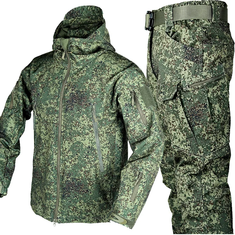 Herren Camo taktische Sets Sharks kin wasserdichte Kapuze Reiß verschluss Jacken Multi-Pocket Soft shell Outdoor-Hose Winter Fleece Cargo-Anzug