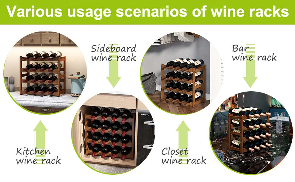 Collage of wooden wine racks in various settings: sideboard, kitchen, closet, and bar. Each rack holds multiple wine bottles horizontally.