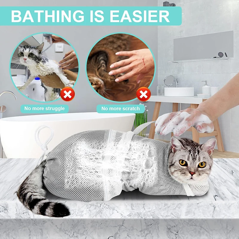 Cat Grooming Shower Bag Polyester Wash Mesh Bags Adjustable Cats Restraint Bag Prevent Scratching for Bathing Nail Trimming