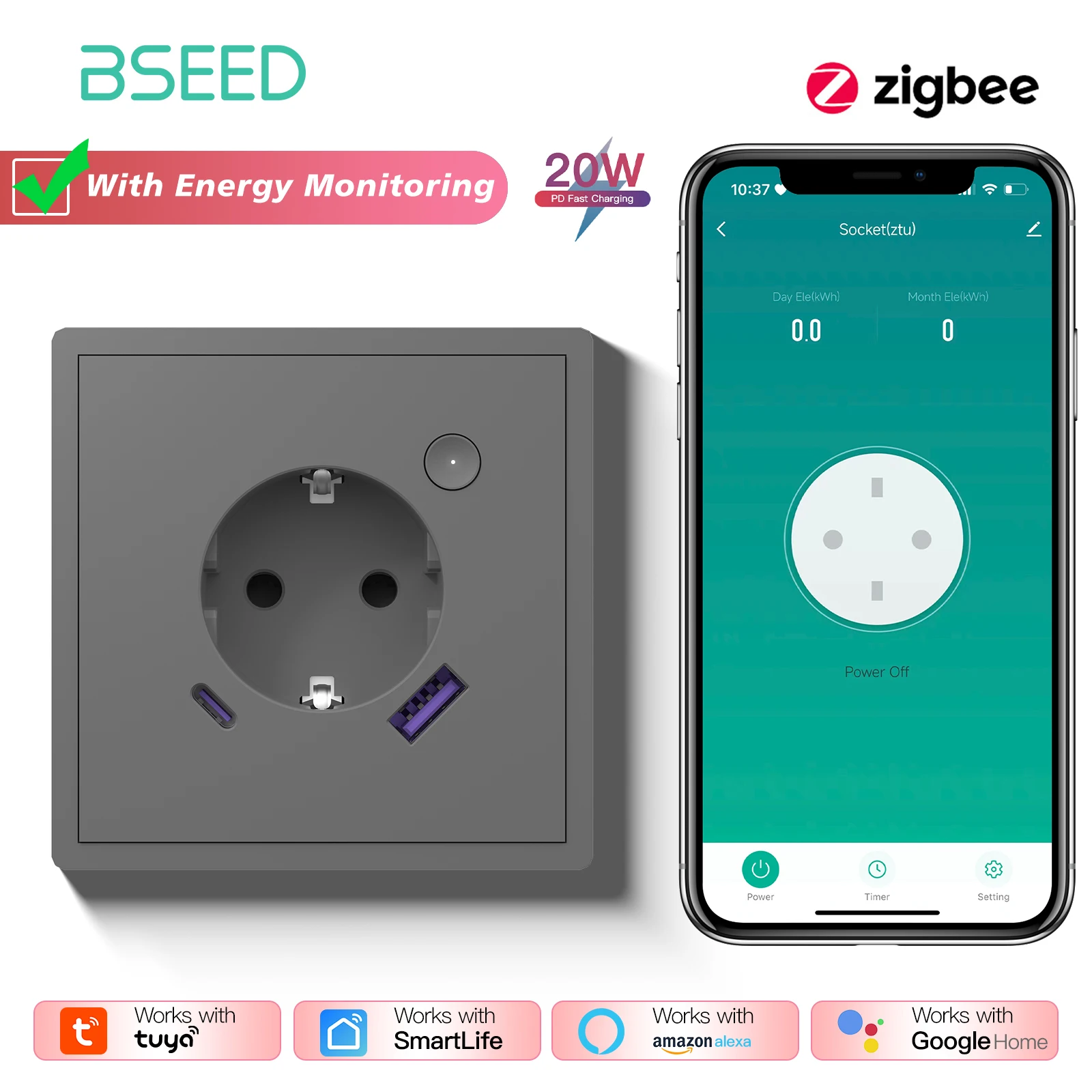 BSEED 1/2/3/4Gang 2Way Zigbee Smart Click Knop Schakelaar Smart EU Socket met AC Plastic Frame Werken Met Tuya Smart Leven Alexa - afbeelding 1