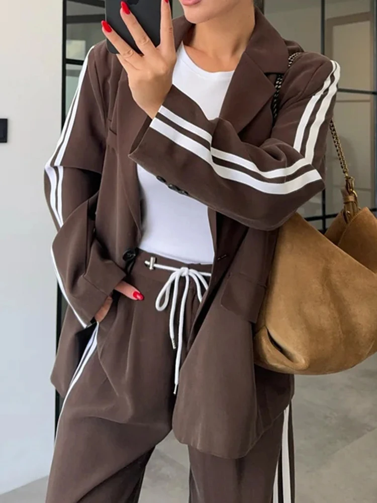 

Костюмы для отдыха в полоску контрастного цвета, комплекты из 2 предметов, элегантный женский пиджак с длинными рукавами и брюки с лацканами, осенний новый винтажный комплект
