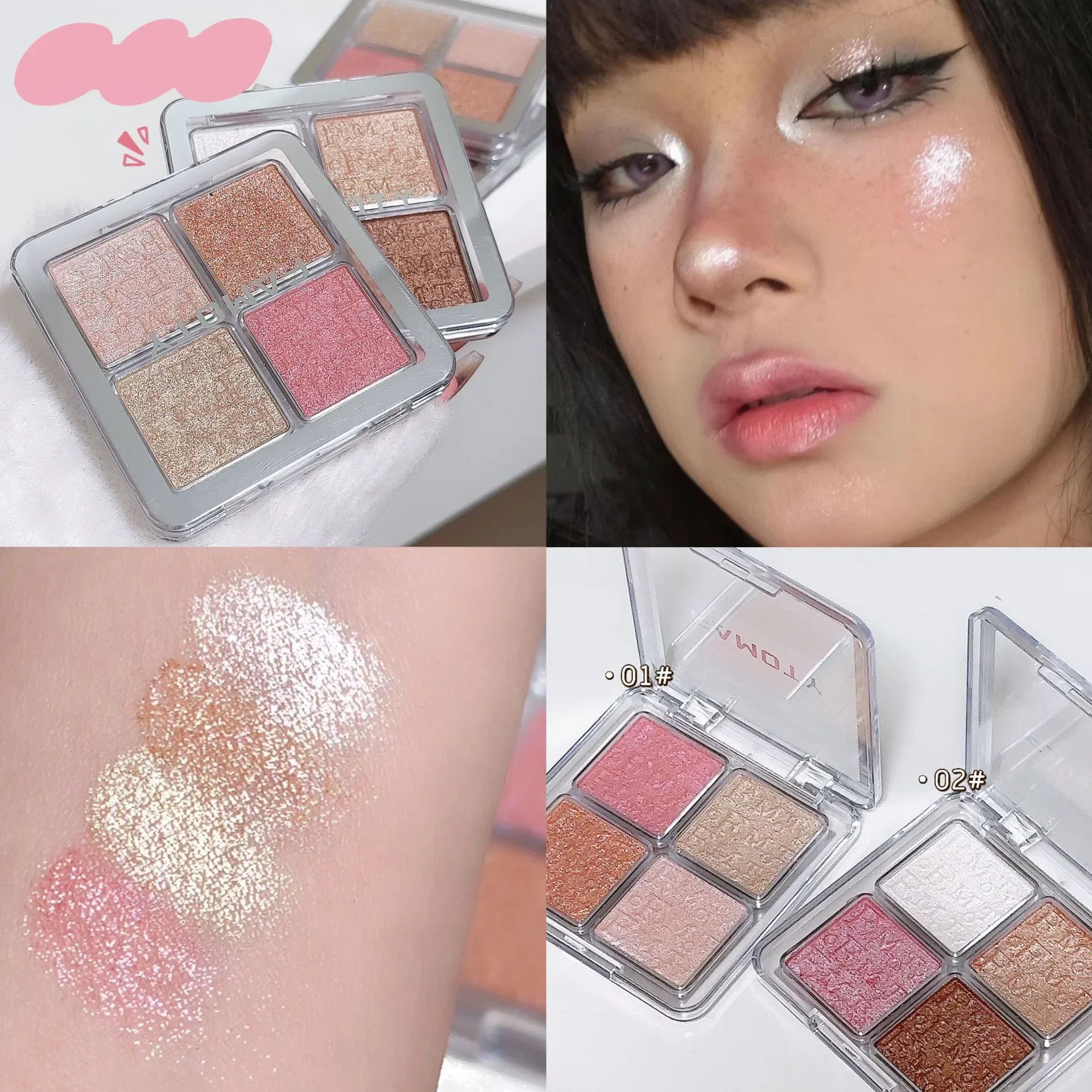 Palette de fard à barrage surligneur et contour, pêche nacrée, champagne, paillettes, maquillage éclaircissant 3D multifonctionnel pour le visage, 4 documents