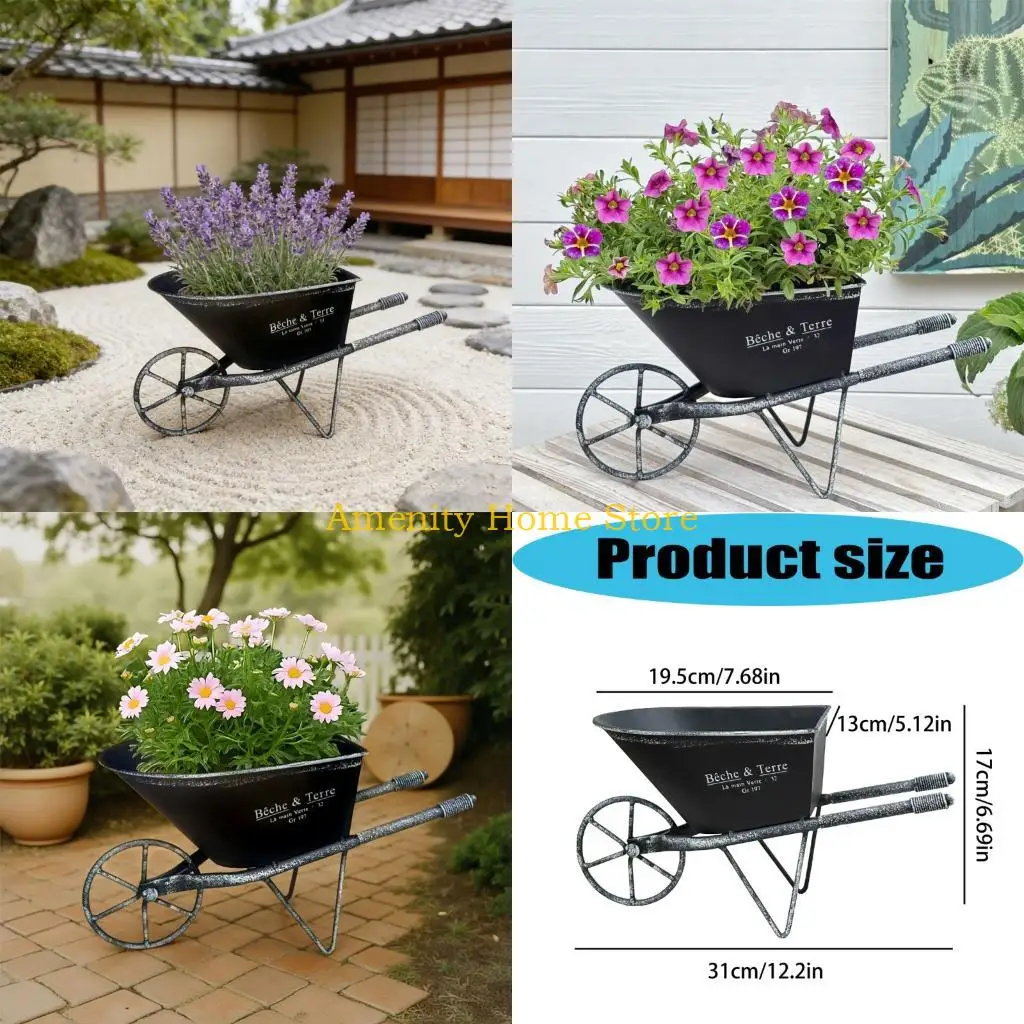 

F26C Retro Iron Wheelbarrow Flowerpot For Balcony Garden Patio Yard Home Decoration