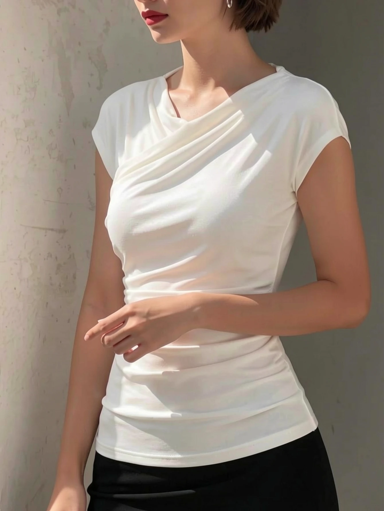 

Asymmetrical V Neck Cap Sleeve Ruched Waist Fitted Blouse For Office Work Daily Business Formal Occasion