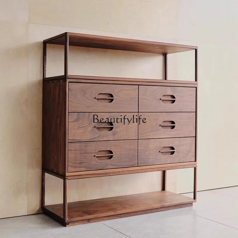 New Chinese-style solid wood side cabinet, modern simple black walnut six-chest cabinet