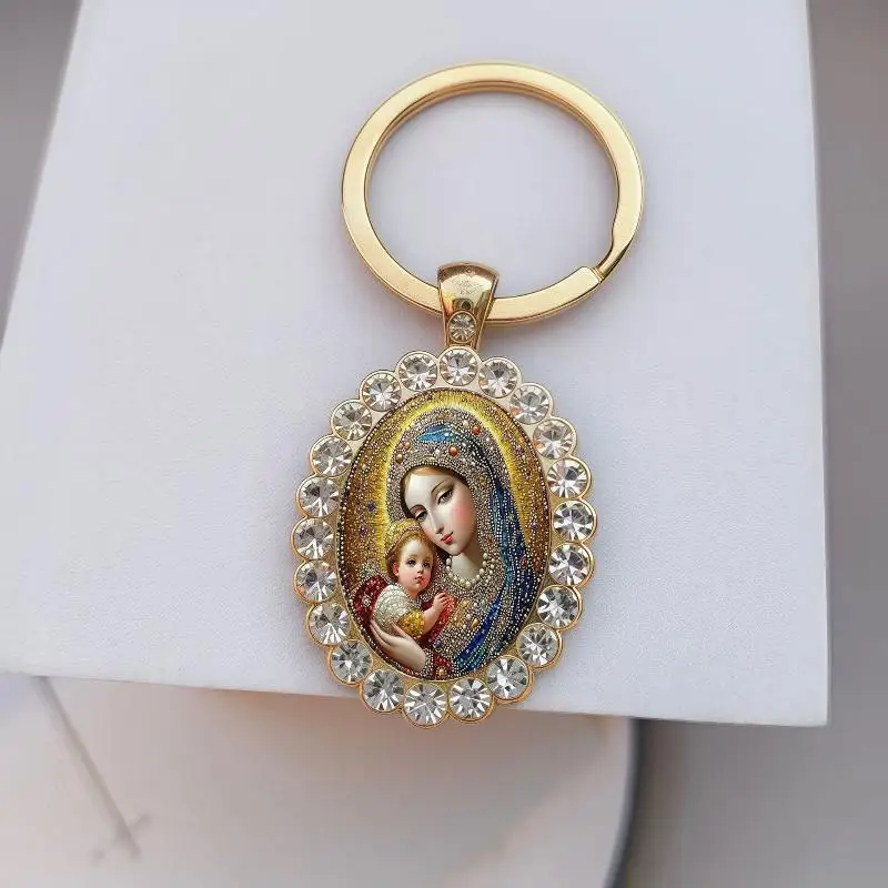 Gold Plated Rhinestone Religious Keychain Retro Stained Glass Pattern Portable Pendant for First Communion Gift