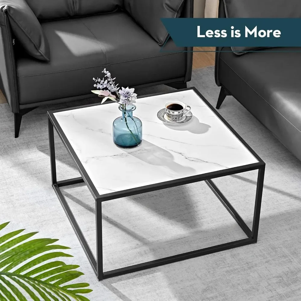 Coffee table, Black Frame White Marble Square Small Coffee Table, Modern Style, Easy to Assemble, Living Room Coffee Table