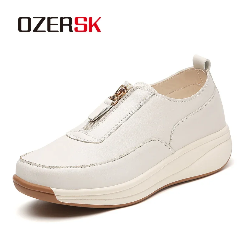 OZERSK Women Casual Shoes Cowhide Leather Zipper Breathable Comfortable Ladies Lightweight Fashion Sweet Style Shoes Size 35-43