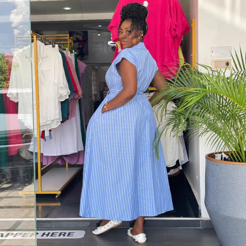 새로운 아프리카 패션 여성 드레스 시크 스트라이프 프린트 반팔 슬림 허리 빅 헴 롱 셔츠 드레스