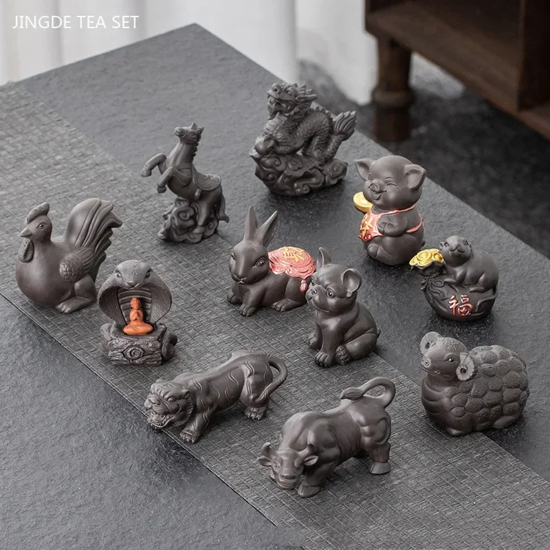 Fengshui Zodiac Purple Sand Tea Pet Creative Cute Animal Ornaments Tradition Tea Ceremony Accessories Chinese Tea Tray Decor