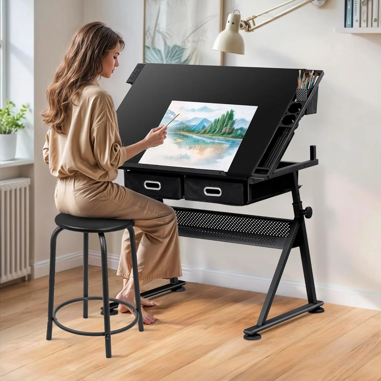 

Drafting Table Drawing Desk w/Power Outlet, Art&Craft Work Station Height Adjustable Tilting Tabletop Craft Table, Customized