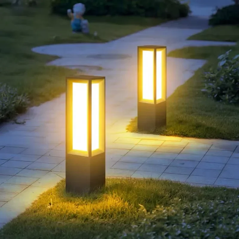 Modern Rectangle Garden Light IP65 Decorative Square Warm White Waterproof Aluminum Outdoor LED Lawn Post Light Sensor