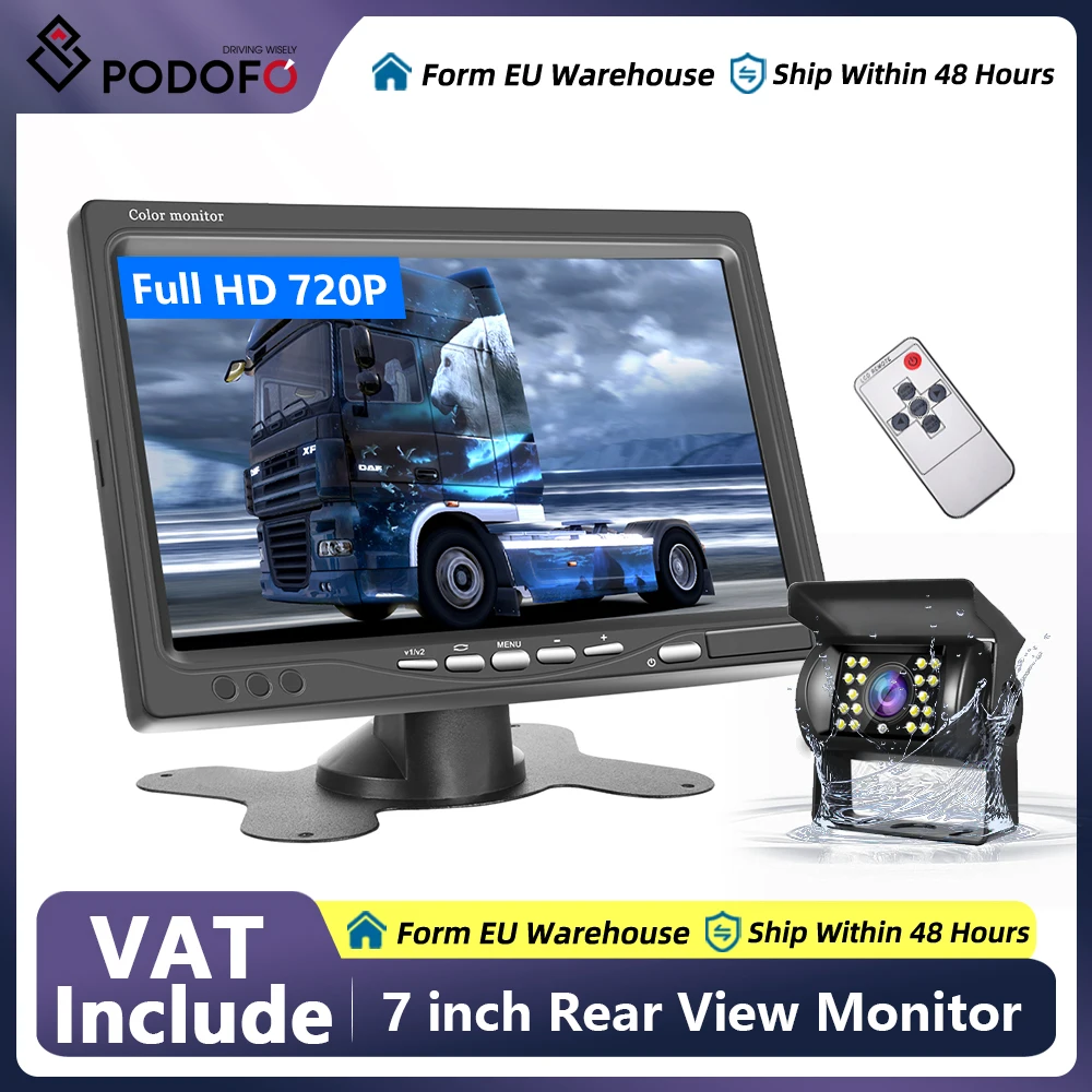 Podofo 7 Cal Car Monitor With Rear View Camera For Truck 12V/24V Security Display HD LCD Universal For Bus Van Rear View Kit