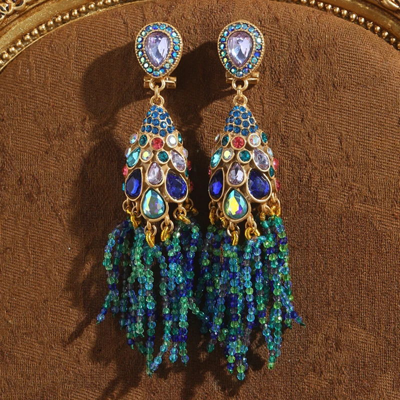 

Vintage Blue Beads Tassel Long Earrings For Women Colorful Rhinestones Crystal Peacock Feather Large Bohemian Jewelry 2025 Trend