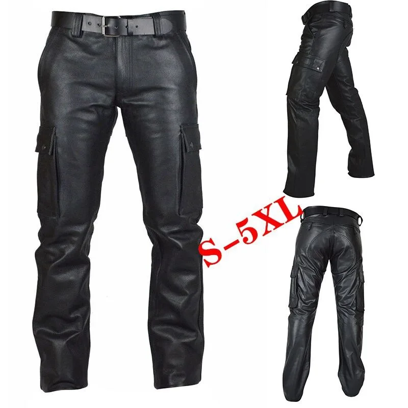 Men\'s Autumn Winter Pants Punk Retro Goth Slim Casual Long Pants Faux Leather Fashion Casual Solid Color Trousers Pencil Pants