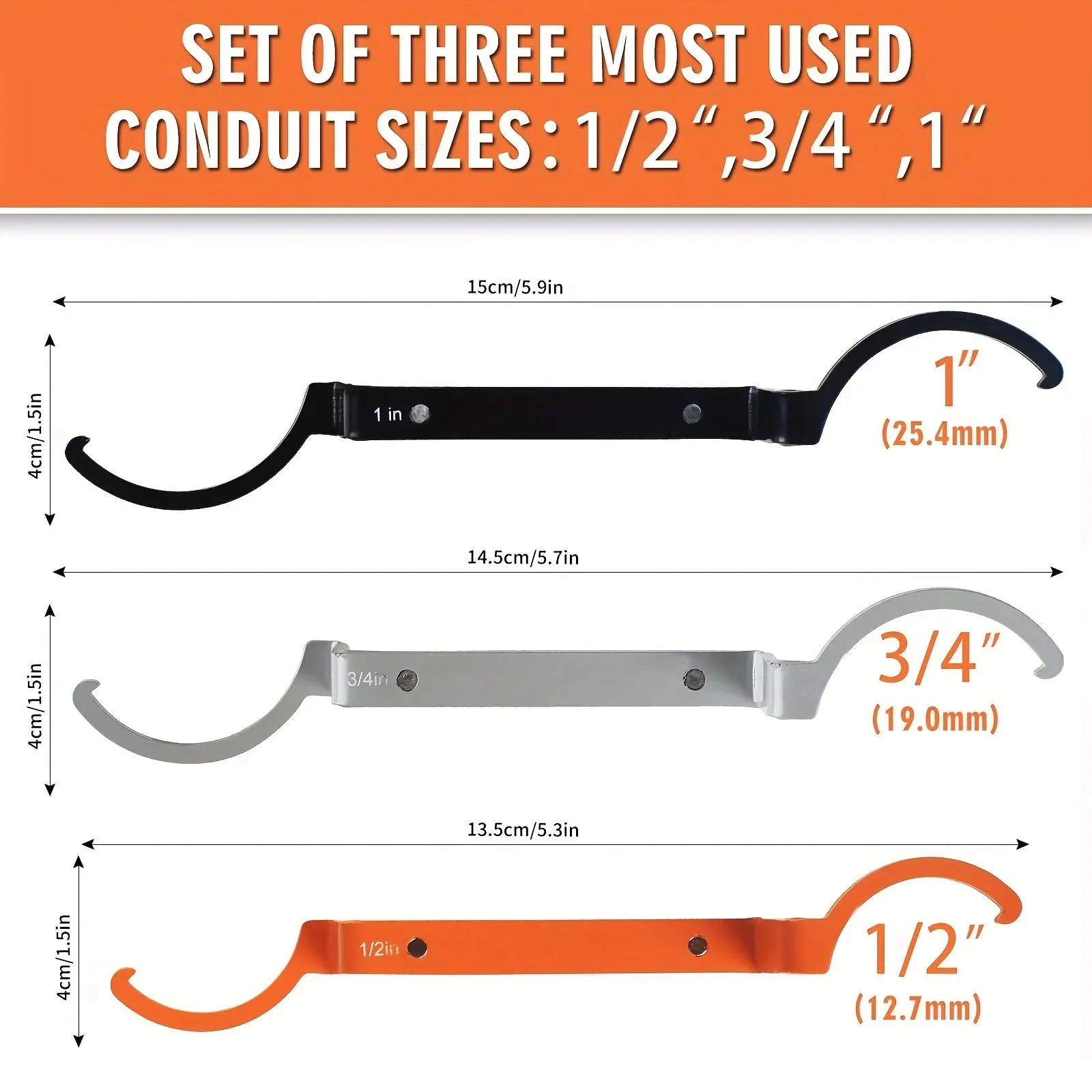 3pcs Conduit Lockout Wrench Set, Tighten And Loosen Locknuts In Tight Spaces, 1/2, 3/4 And 1-Inch, Offset Bends