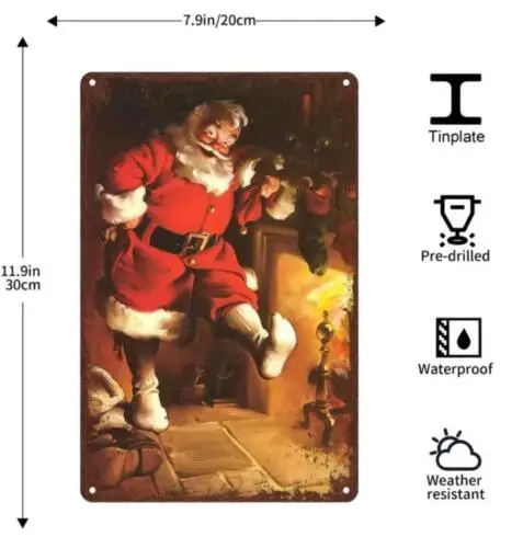 CHRISTMAS METAL TIN SIGN SANTA CLAUSE WARMING FEET BY THE FIRE PLACE WALL DECOR