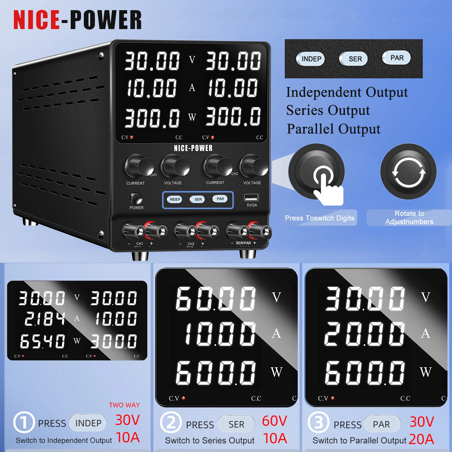 

Latest Dual-Channel Laboratory Power Supply 120V 3A Adjustable Switching Bench Source Digital With Series Parallel Output 60V 5A