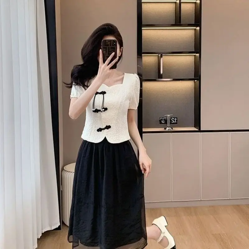 Chinese Style Graceful Short Sleeve Tops Midi Skirts 1 or Two Piece Set Women Summer Slim Green Shirts Half Skirt Outfits 2024