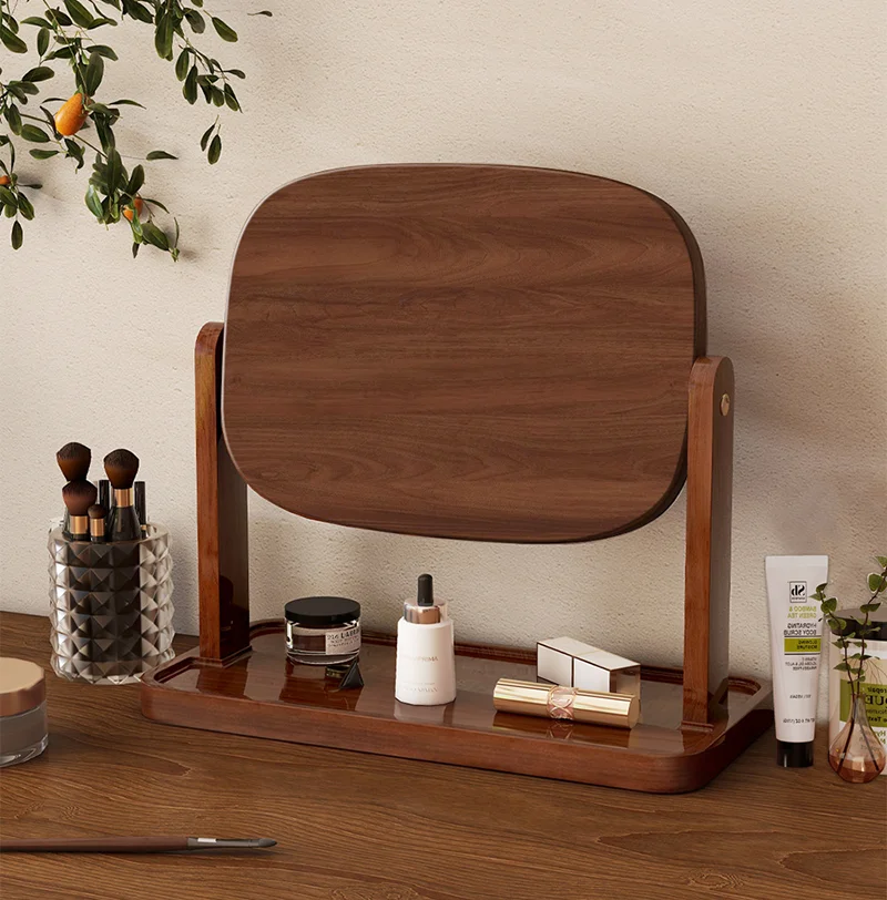 Madeira maciça 360 °   Espelho de vaidade giratório com armazenamento - Espelho de penteadeira de mesa vintage para quarto de meninas, espelho de maquiagem clássico