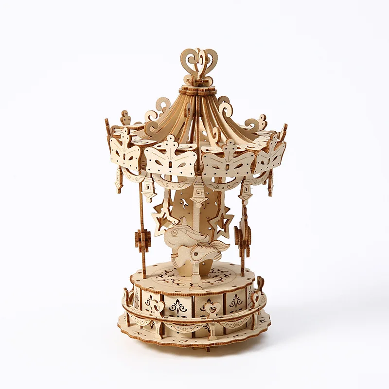 

3D Wooden Puzzles Wood Building Kit Wooden Model Kits DIY Desktop Ornaments Carousel for Christmas Gift