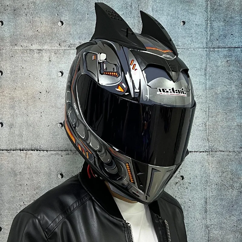 Full Face Helmet Motorcycle Riding Helmet Safety Double Lens Racing Helmet Individuality Braids Horns