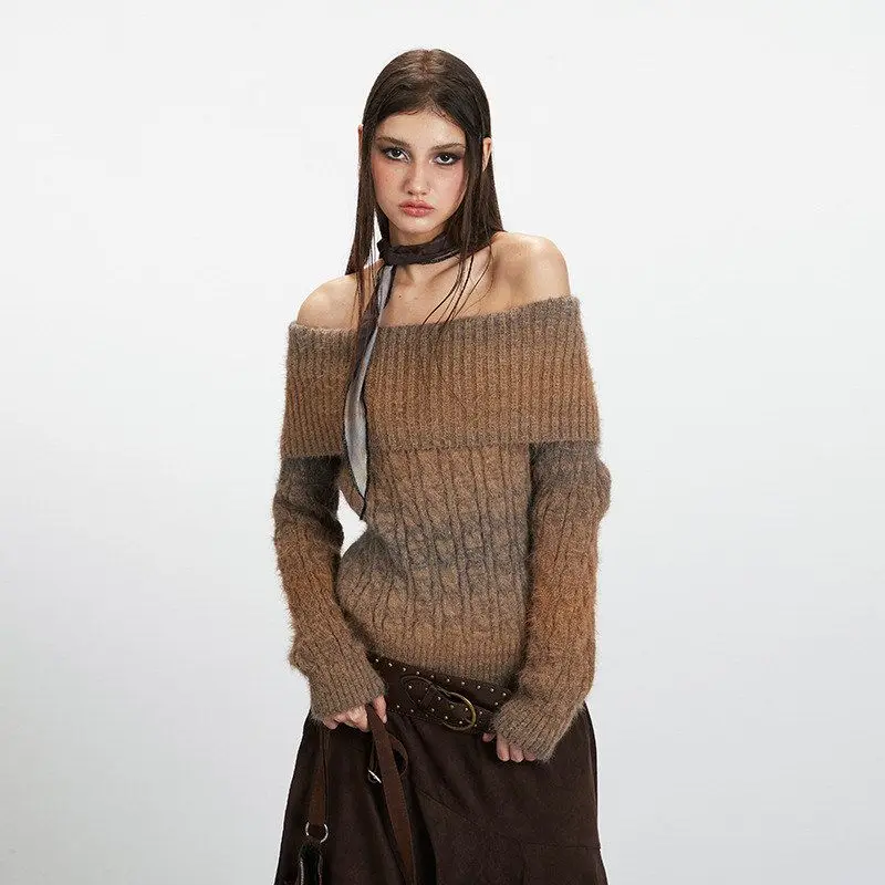 헤이헨리 슬림핏 어깨 노출 롱 슬리브 니트 스웨터 여성용 캐주얼 출퇴근용 폴리에스터 섬유 가을 겨울 착용