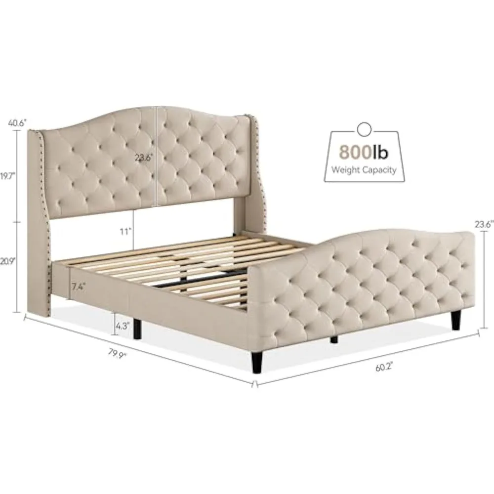 Queen Size Bed Frame with Headboard,  Queen Bed Frame with Headboard and Footboard, Upholstered Platform Bed image 2