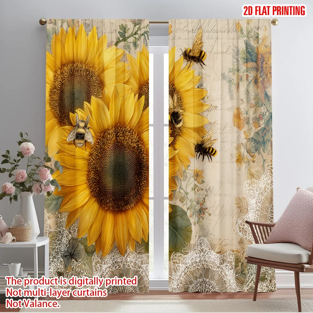 2pcs,2D plane printing Curtains Roller Blinds Sunflower Bliss Polyester Woven (without rod) Home Decor Ldeal for Living Room,